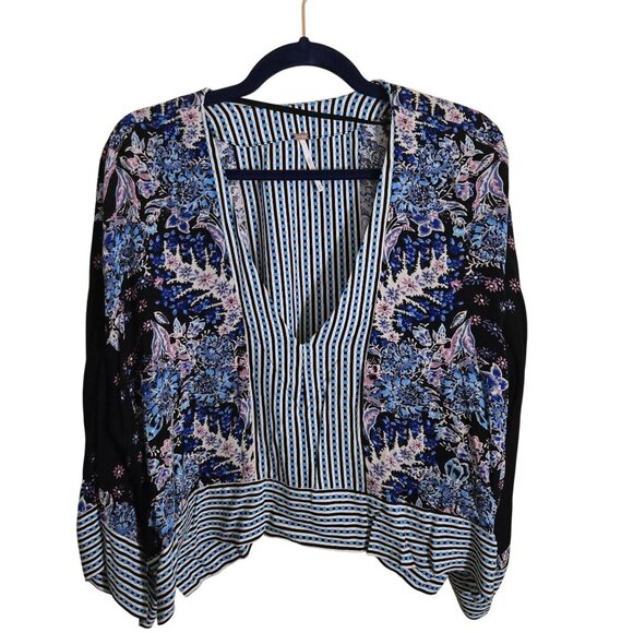 Free People Mix N Match Floral Top Kimono Sleeve Oversized Cropped Size XS - Picture 2 of 10